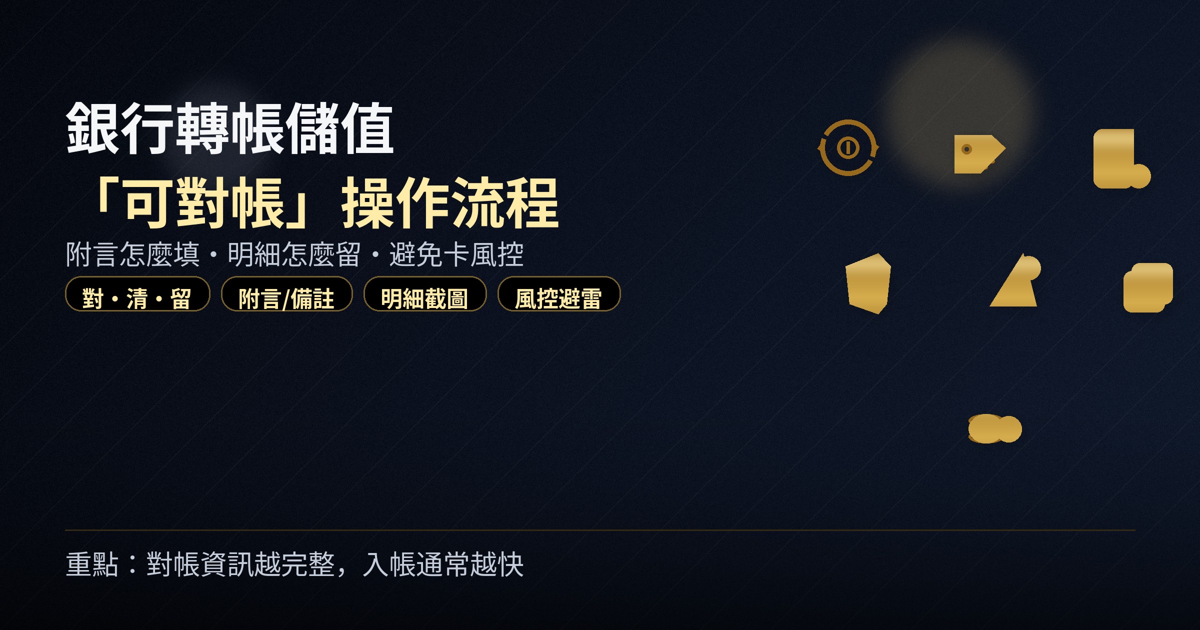 黑金封面：銀行轉帳儲值可對帳流程，含對清留、附言、明細、風控圖標。