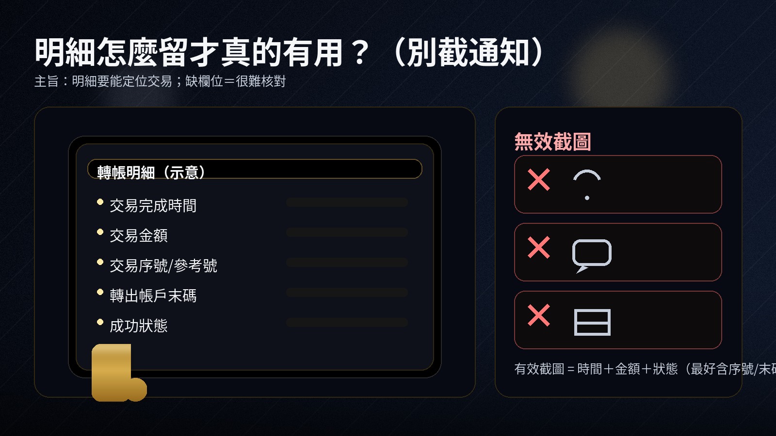 黑金資訊圖「明細怎麼留才有用」，左側手機示意畫面列出五欄位：完成時間、金額、序號/參考號、帳戶末碼、成功狀態；右側標示無效截圖並提示有效截圖需時間金額狀態。